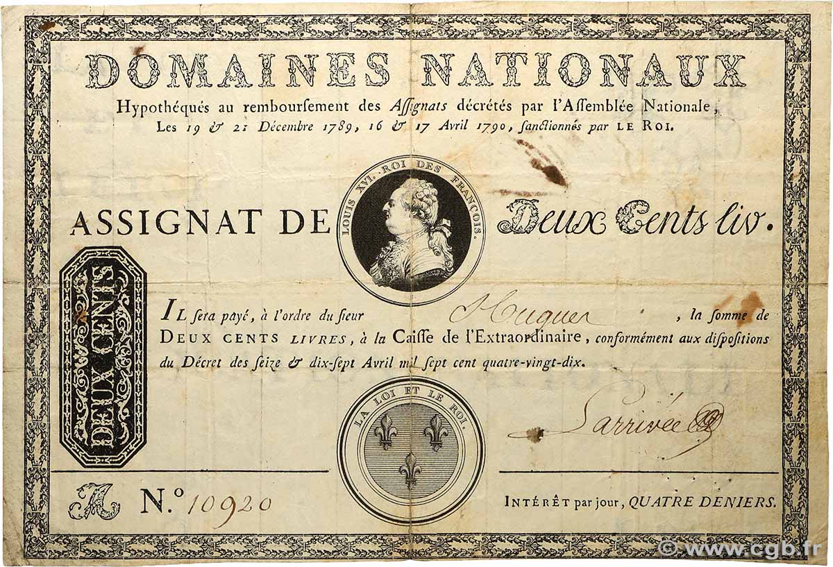 200 Livres sans coupons FRANCE  1790 Ass.01b TB
