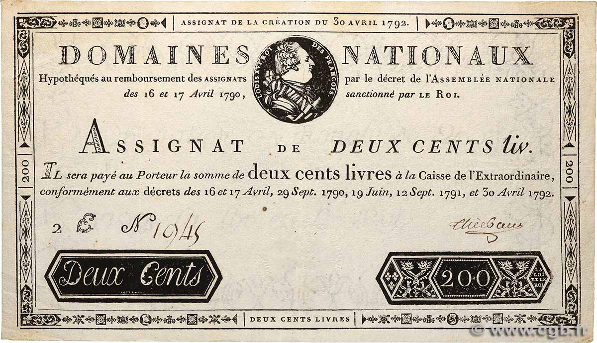 200 Livres filigrane 1792 FRANCE  1792 Ass.29b TTB