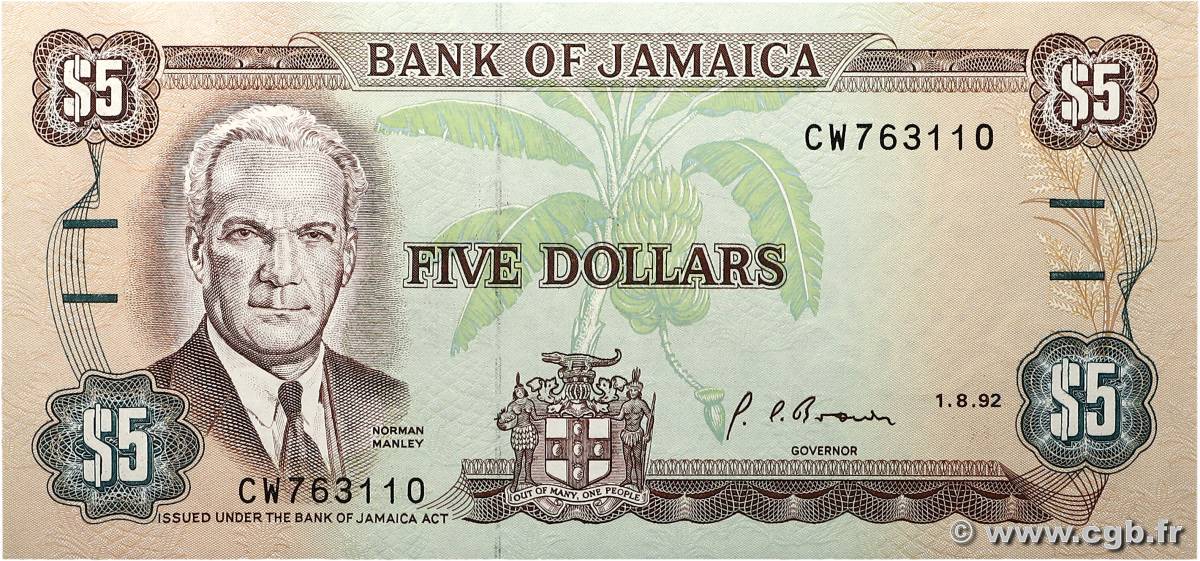 5 Dollars GIAMAICA  1992 P.70d q.FDC