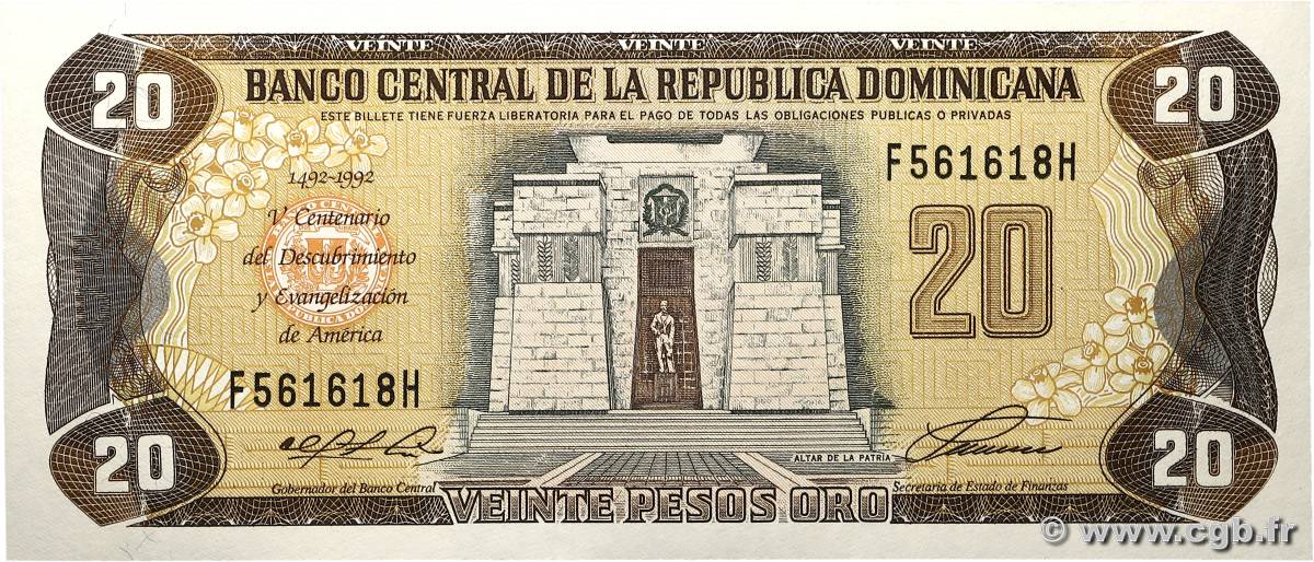 20 Pesos Oro Commémoratif RÉPUBLIQUE DOMINICAINE  1992 P.139a fST+