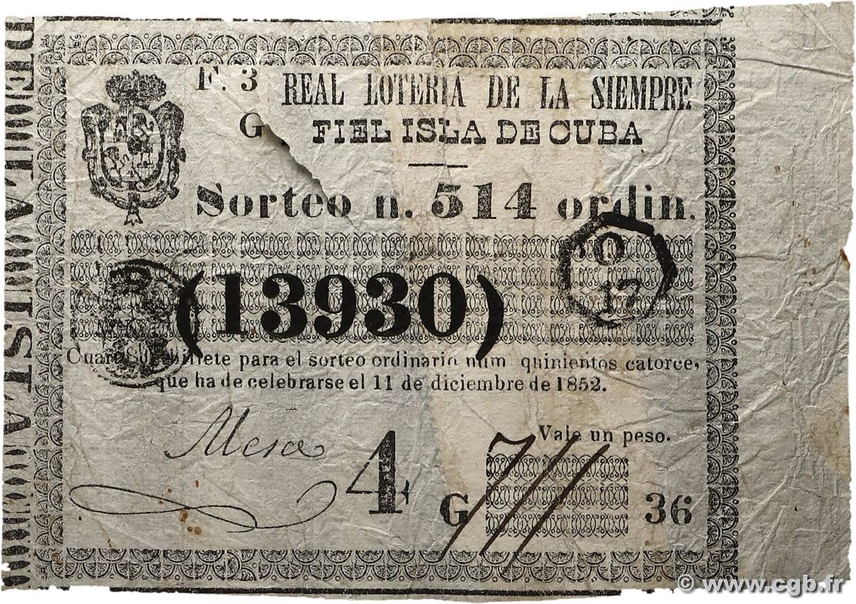 1 Peso CUBA  1852 P.- VG