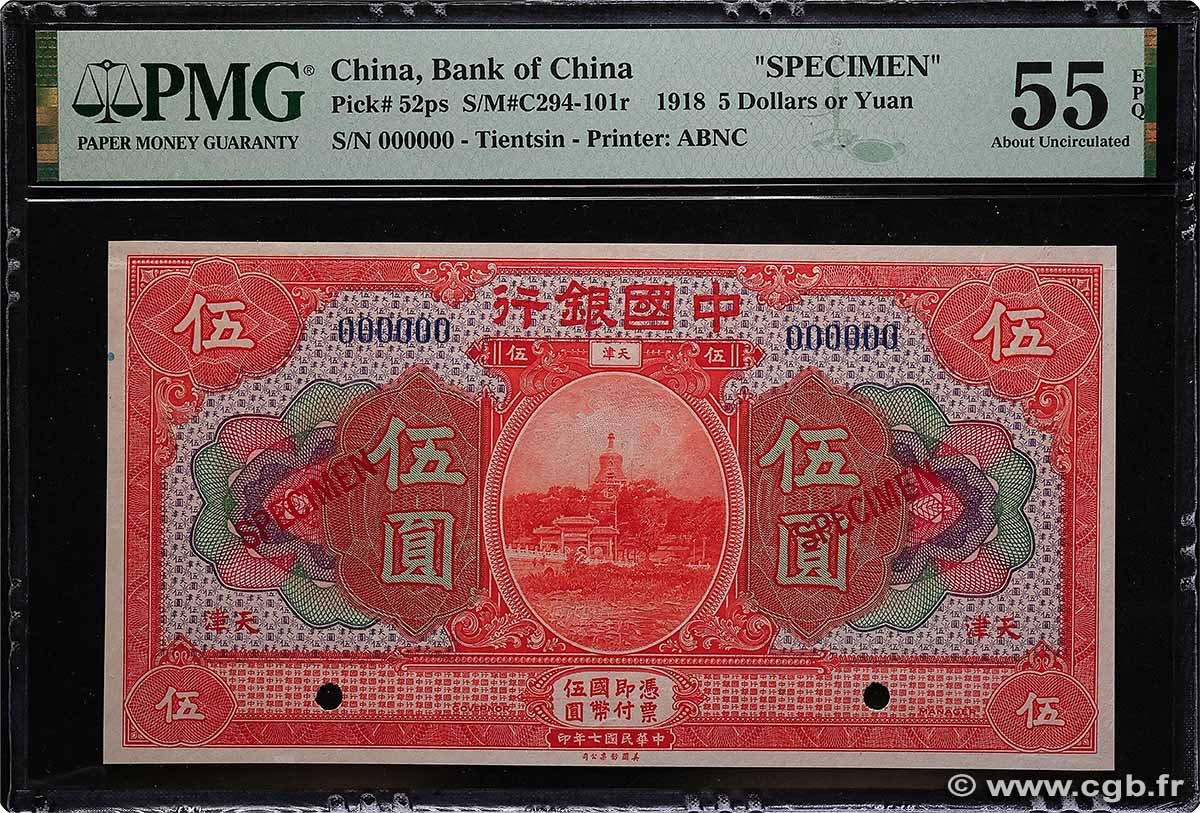 5 Dollars Spécimen CHINA Tientsin 1918 P.0052ps SC