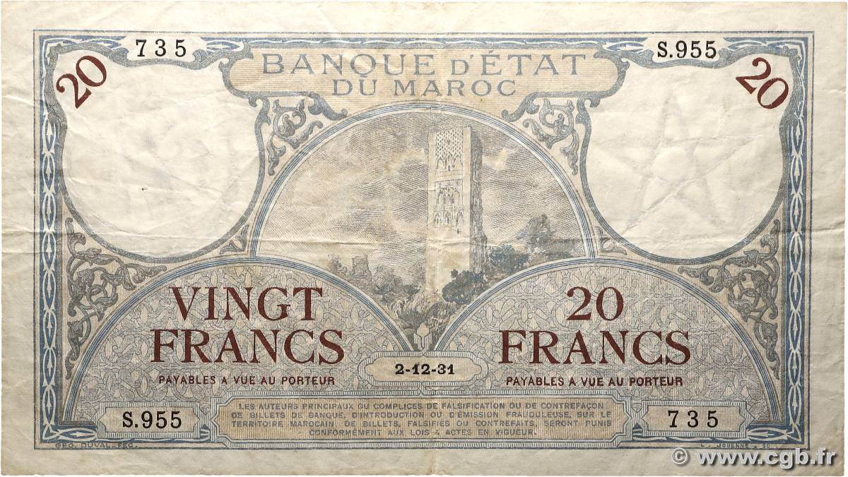 20 Francs MAROC  1931 P.18a pr.TTB