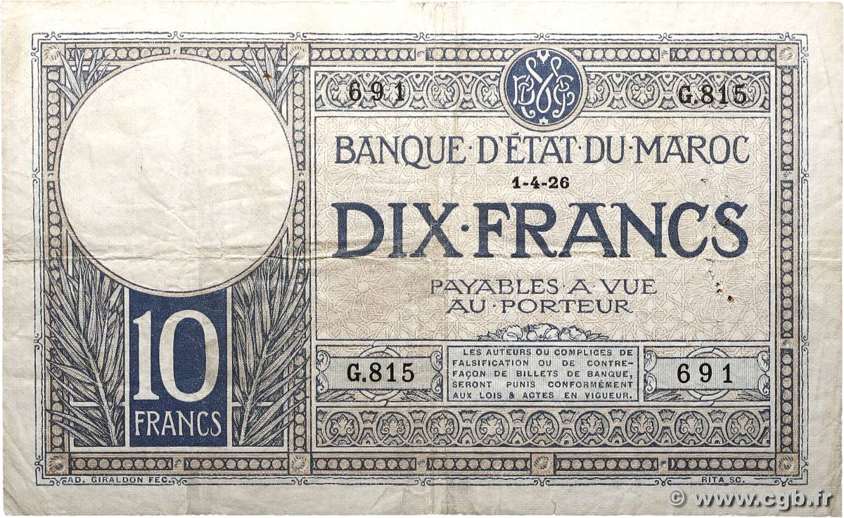 10 Francs MAROC  1926 P.11b TB+