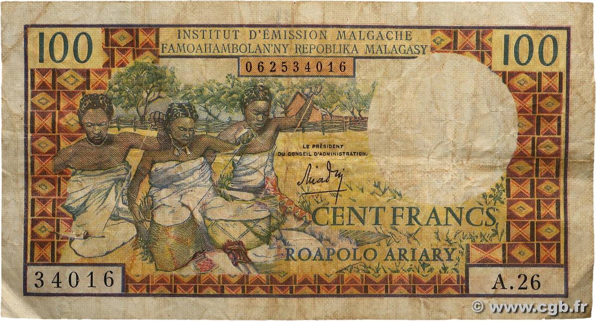100 Francs - 20 Ariary MADAGASCAR  1966 P.057a TB