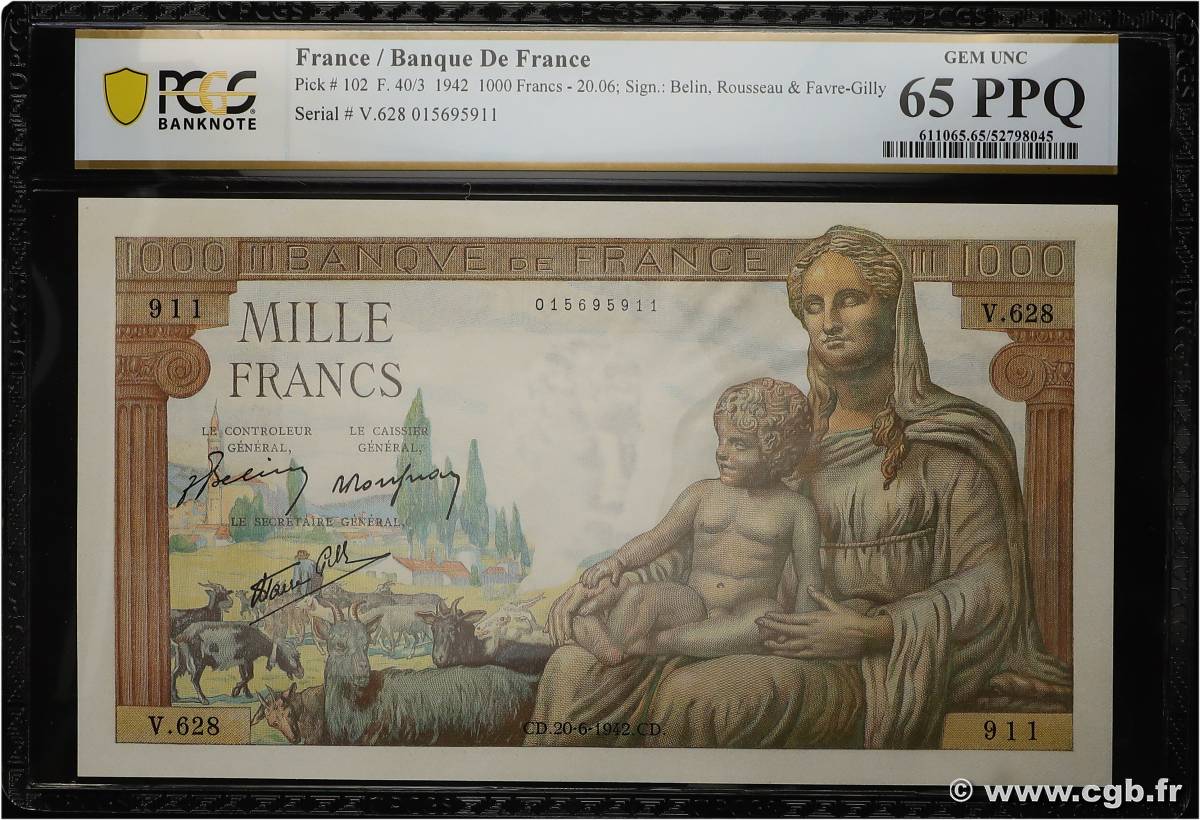 1000 Francs DÉESSE DÉMÉTER FRANCE  1942 F.40.03 NEUF