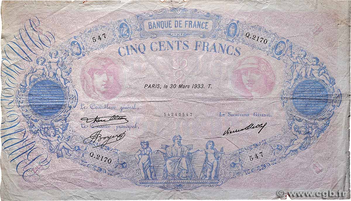 500 Francs BLEU ET ROSE FRANCIA  1933 F.30.36 BC