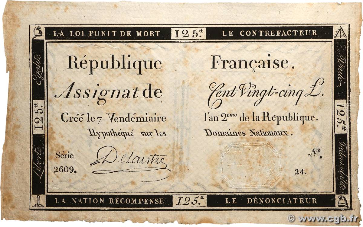 125 Livres FRANCIA  1793 Ass.44a MBC+