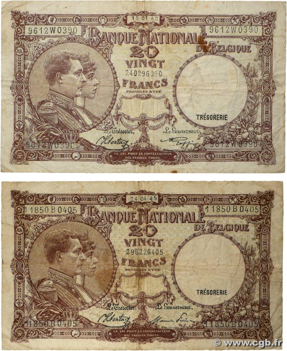 20 Francs Lot BÉLGICA  1943 P.111 BC