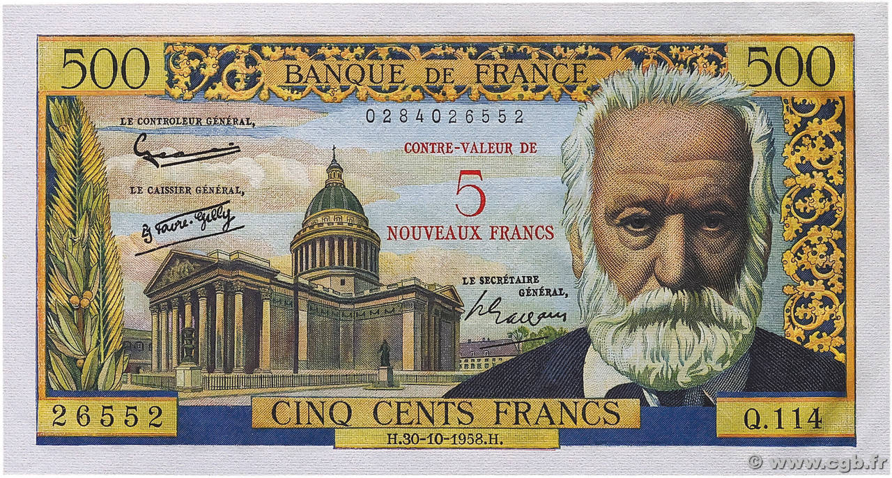 5 NF sur 500 Francs Victor HUGO FRANCE  1958 F.52.01 SPL