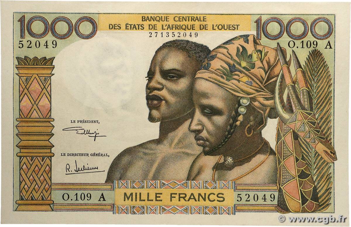 1000 Francs ÉTATS DE L&nbsp;AFRIQUE DE L&nbsp;OUEST  1973 P.103Aj pr.NEUF