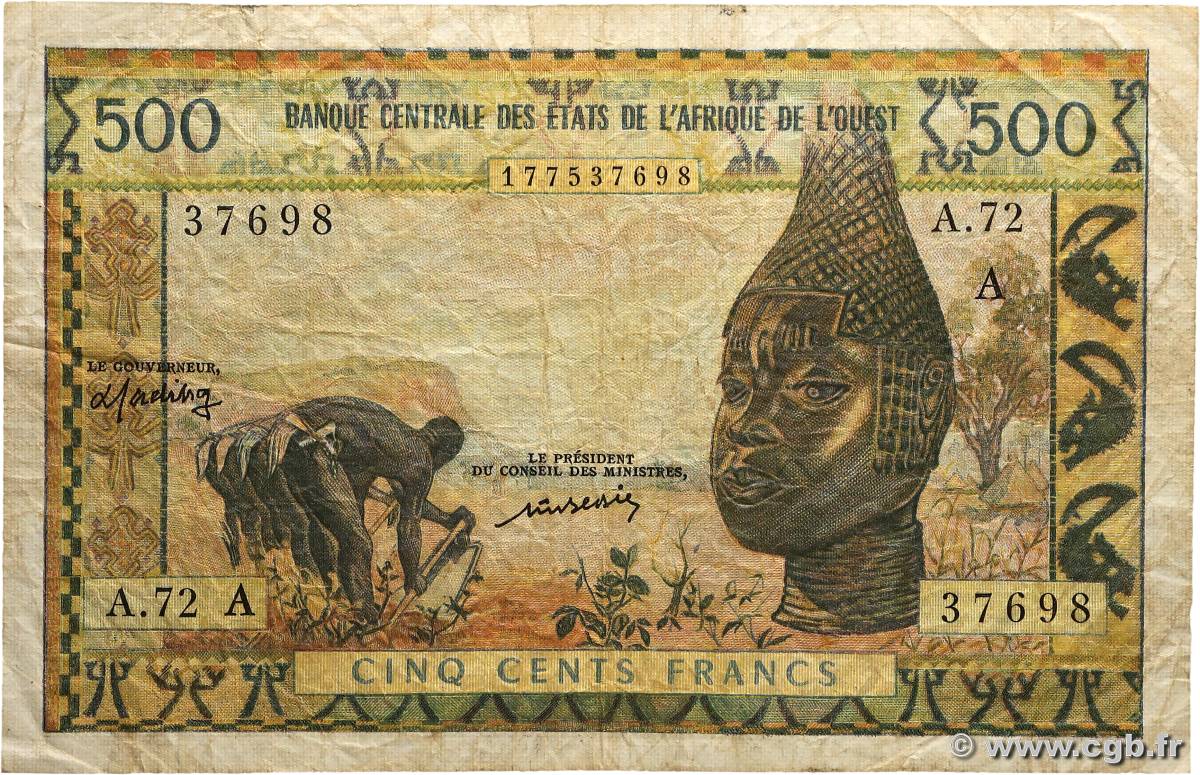 500 Francs ÉTATS DE L&nbsp;AFRIQUE DE L&nbsp;OUEST  1977 P.102Al B+