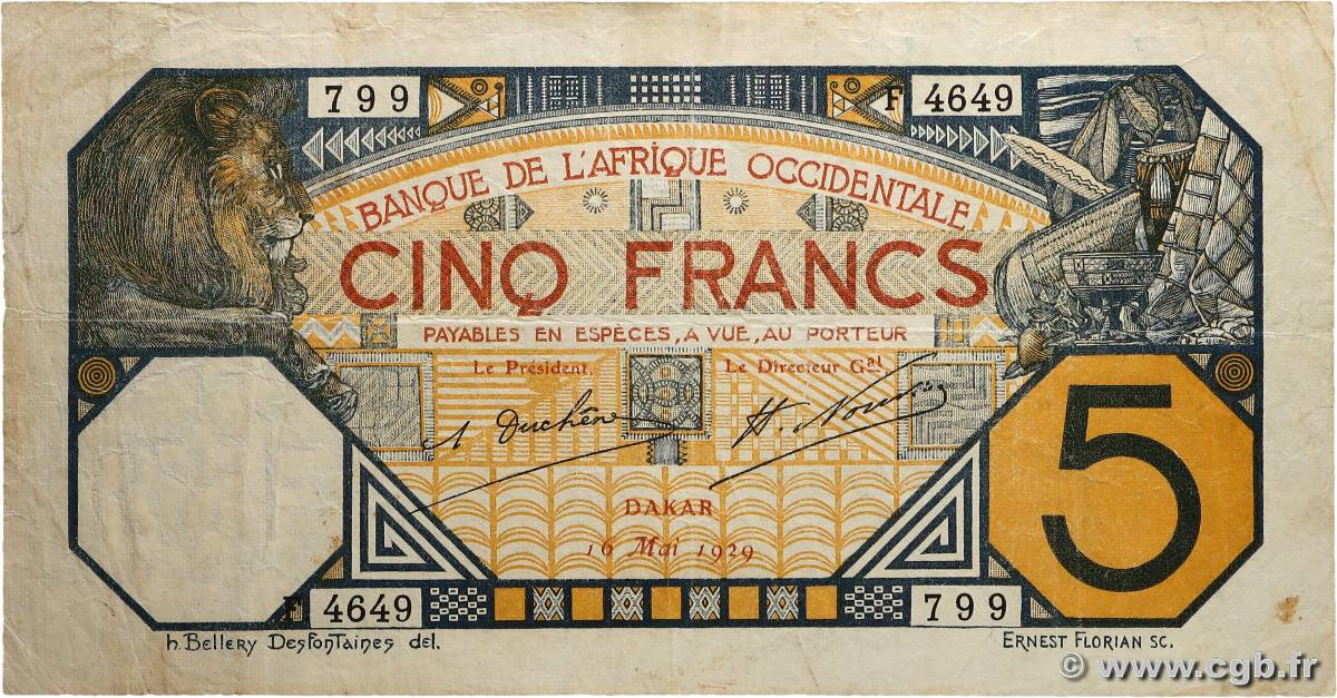 5 Francs DAKAR AFRIQUE OCCIDENTALE FRANÇAISE (1895-1958) Dakar 1929 P.05Bf TB