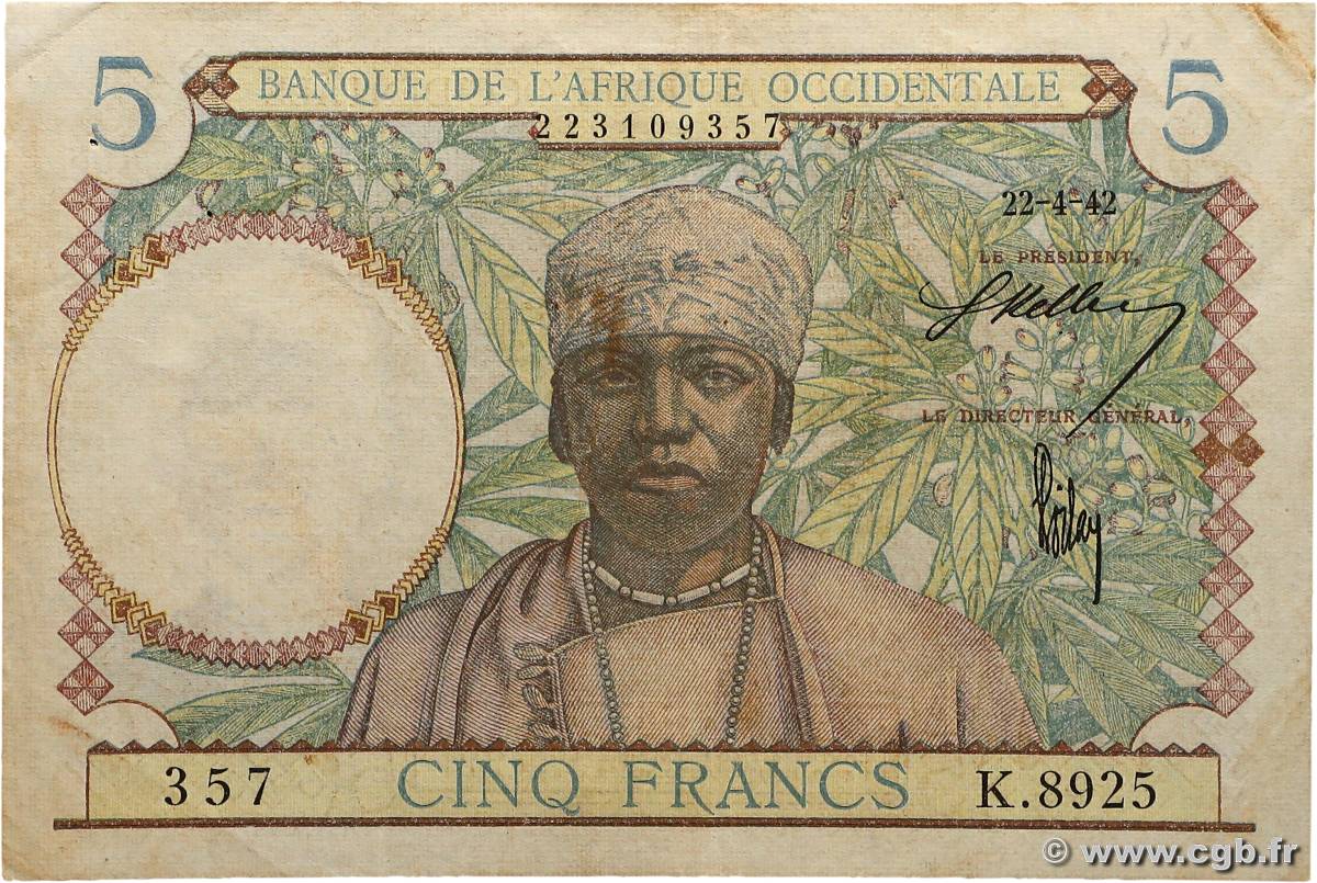 5 Francs AFRIQUE OCCIDENTALE FRANÇAISE (1895-1958)  1942 P.25 TB