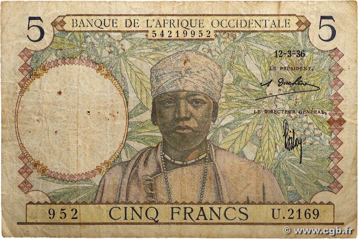 5 Francs FRENCH WEST AFRICA  1936 P.21 q.MB