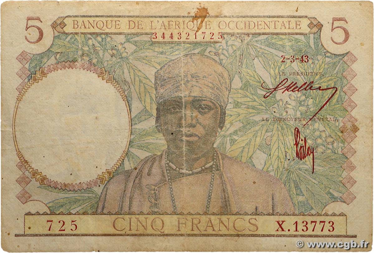 5 Francs AFRIQUE OCCIDENTALE FRANÇAISE (1895-1958)  1943 P.26 B+