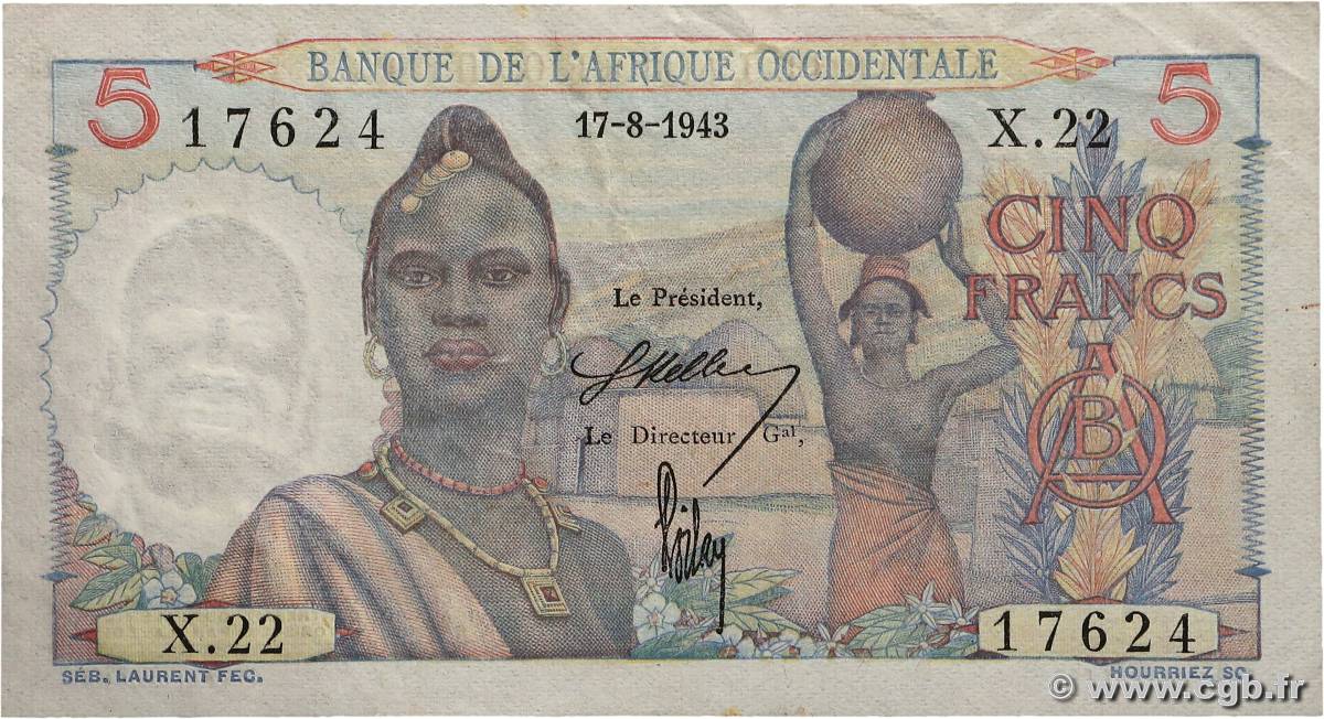 5 Francs AFRIQUE OCCIDENTALE FRANÇAISE (1895-1958)  1943 P.36 TTB