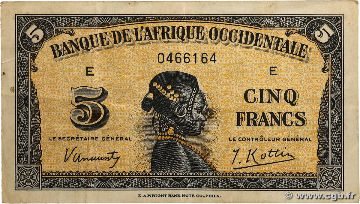 5 Francs  AFRIQUE OCCIDENTALE FRANÇAISE (1895-1958)  1942 P.28a TB+