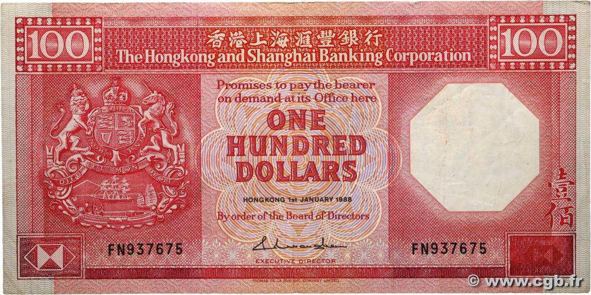 100 Dollars HONG KONG  1988 P.194b VF