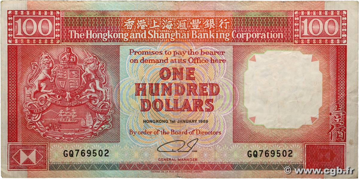 100 Dollars HONG KONG  1989 P.198a TTB