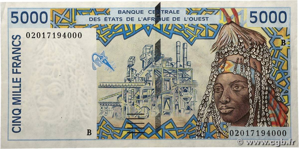 5000 Francs WEST AFRICAN STATES  2002 P.213Bl VF+