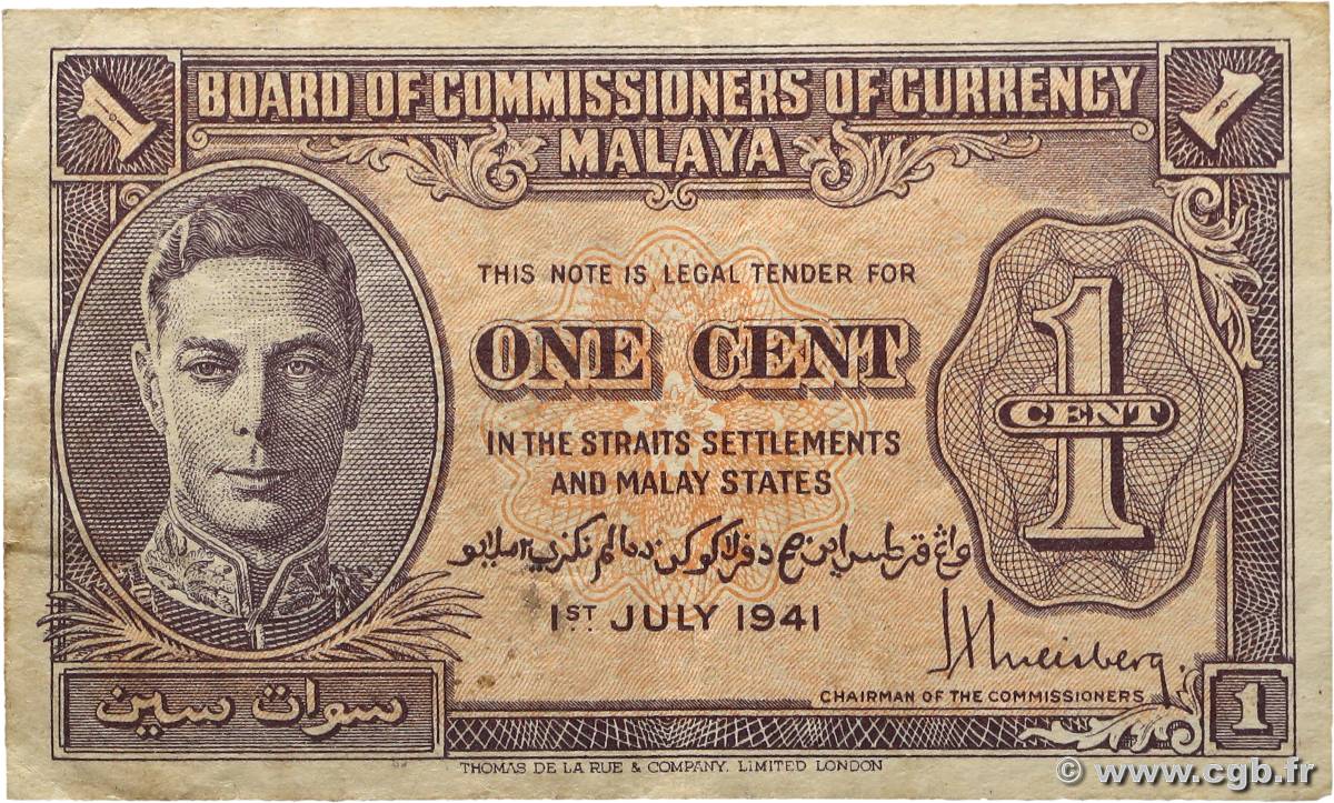 1 Cent MALAYA  1941 P.06 F+