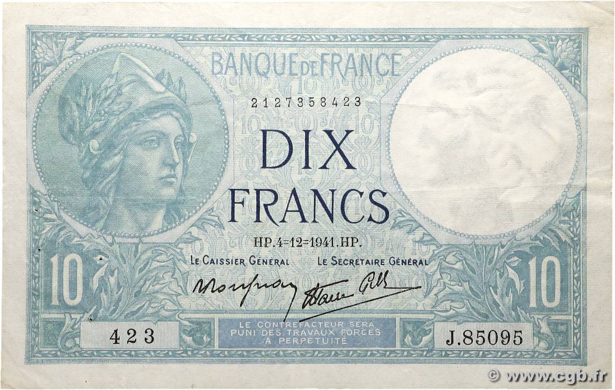 10 Francs MINERVE modifié FRANCIA  1941 F.07.30 q.SPL