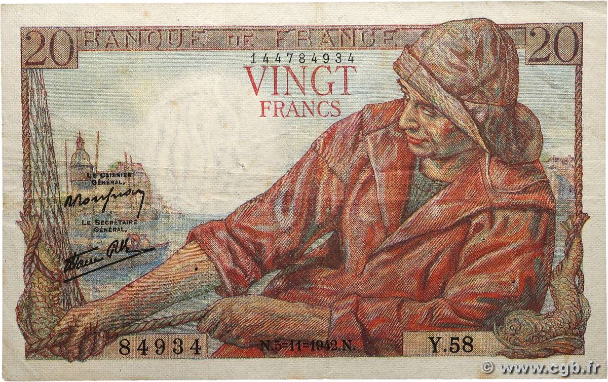 20 Francs PÊCHEUR FRANKREICH  1942 F.13.04 S