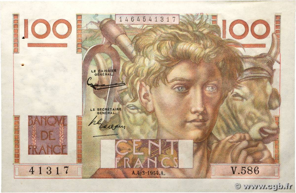 100 Francs JEUNE PAYSAN FRANCE  1954 F.28.42 AU-