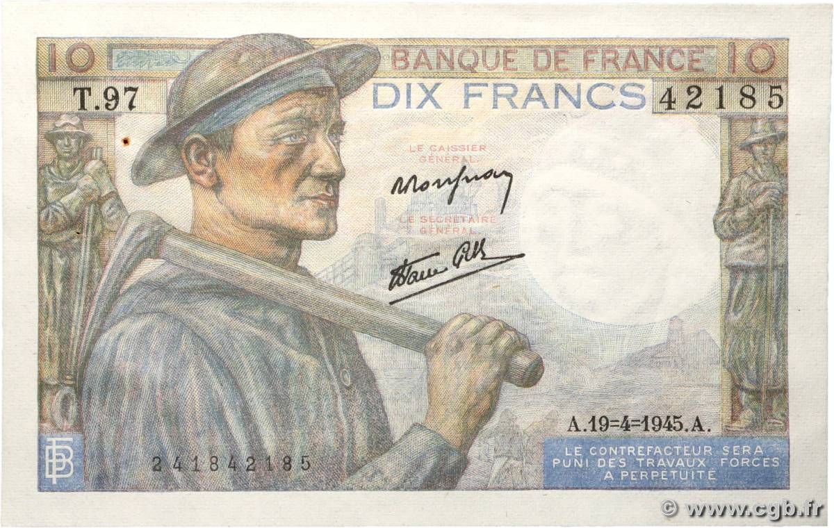 10 Francs MINEUR FRANCE  1945 F.08.13 AU-