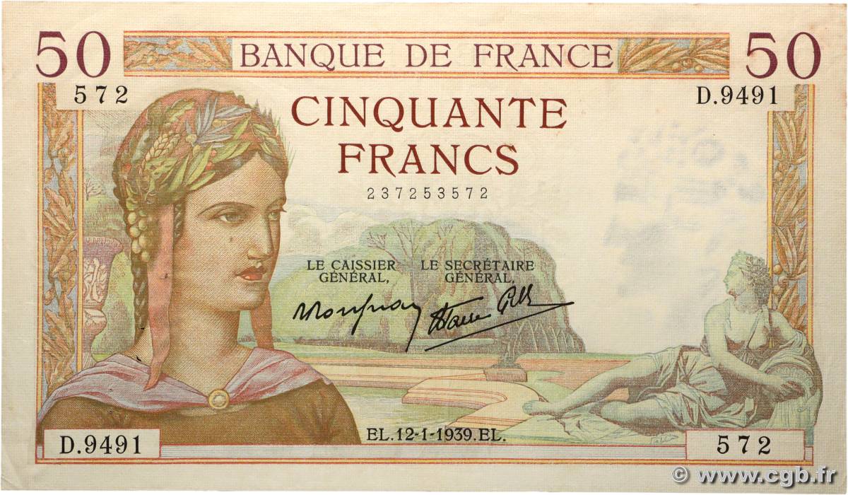 50 Francs CÉRÈS modifié FRANCIA  1939 F.18.20 MBC+
