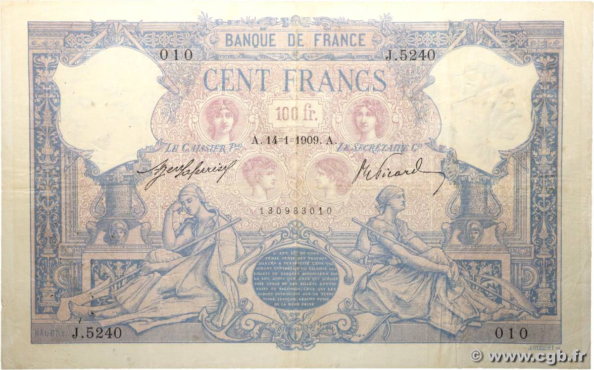 100 Francs BLEU ET ROSE FRANCE  1909 F.21.24 TB+