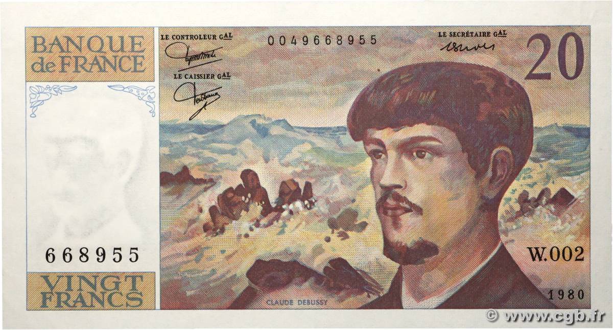 20 Francs DEBUSSY FRANCE  1980 F.66.01W2 XF+