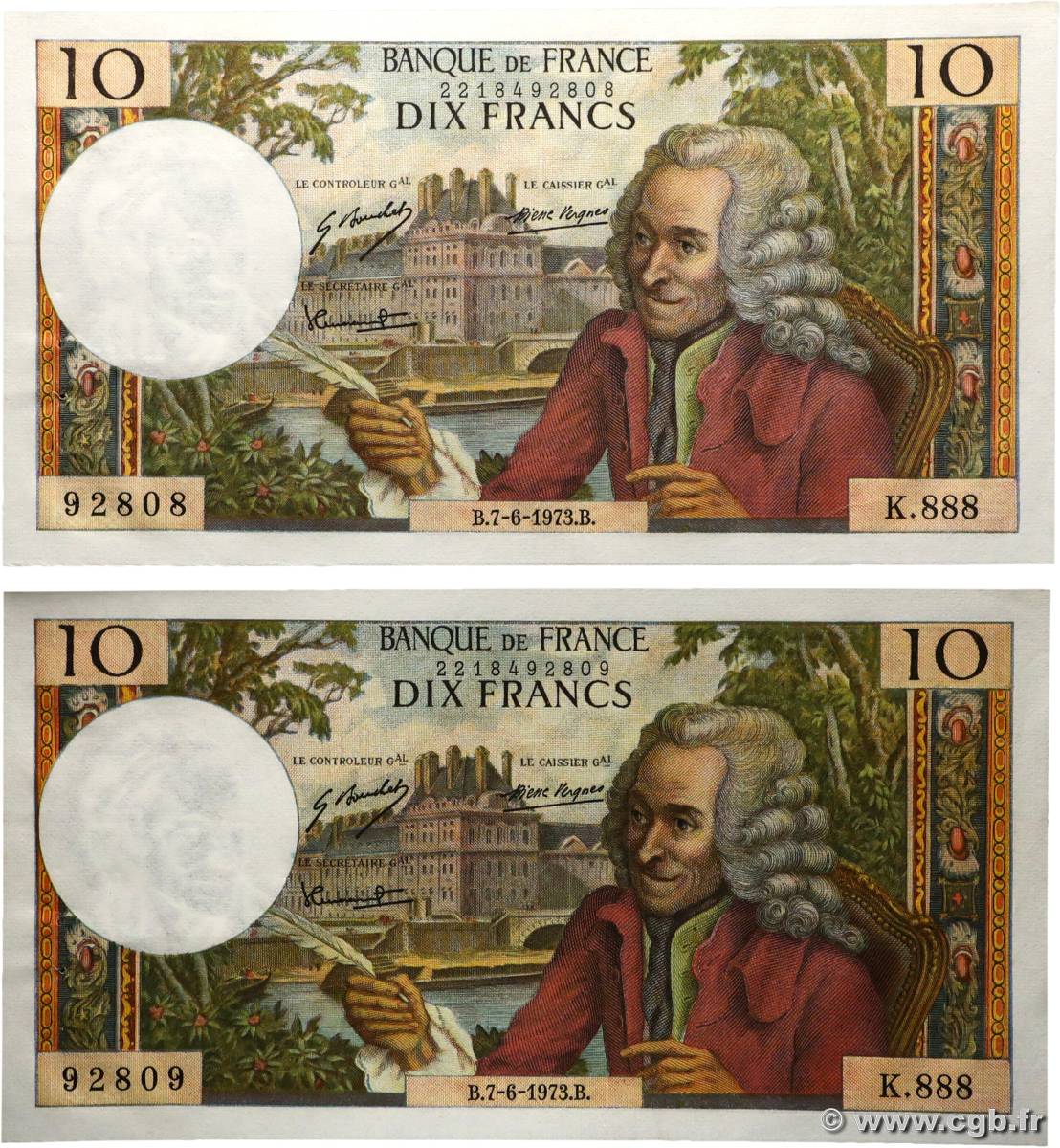 10 Francs VOLTAIRE Consécutifs FRANCIA  1973 F.62.62 SC