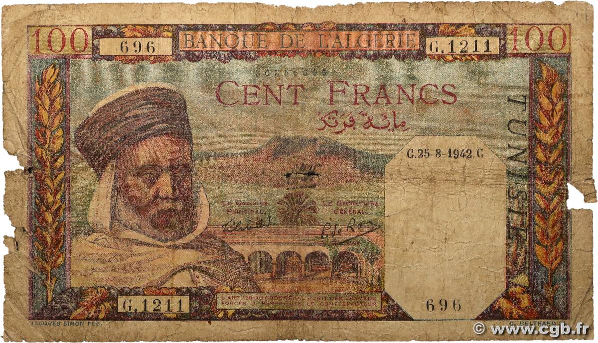 100 Francs TúNEZ  1942 P.13b MC