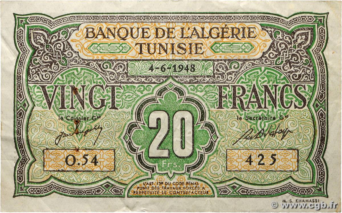 20 Francs TúNEZ  1948 P.22 MBC