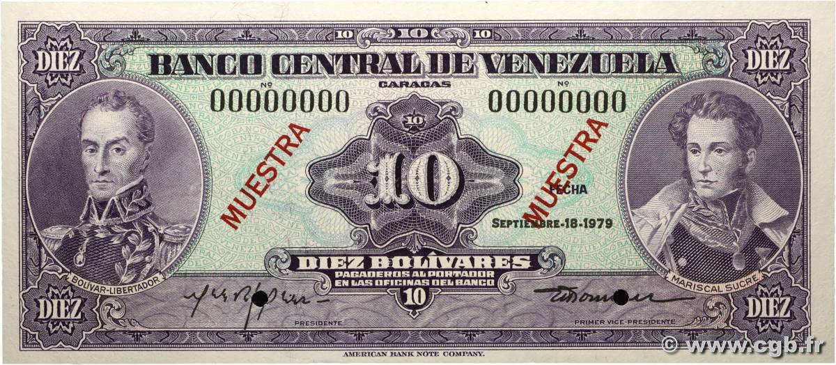 10 Bolivares Spécimen VENEZUELA  1979 P.051s4 pr.NEUF