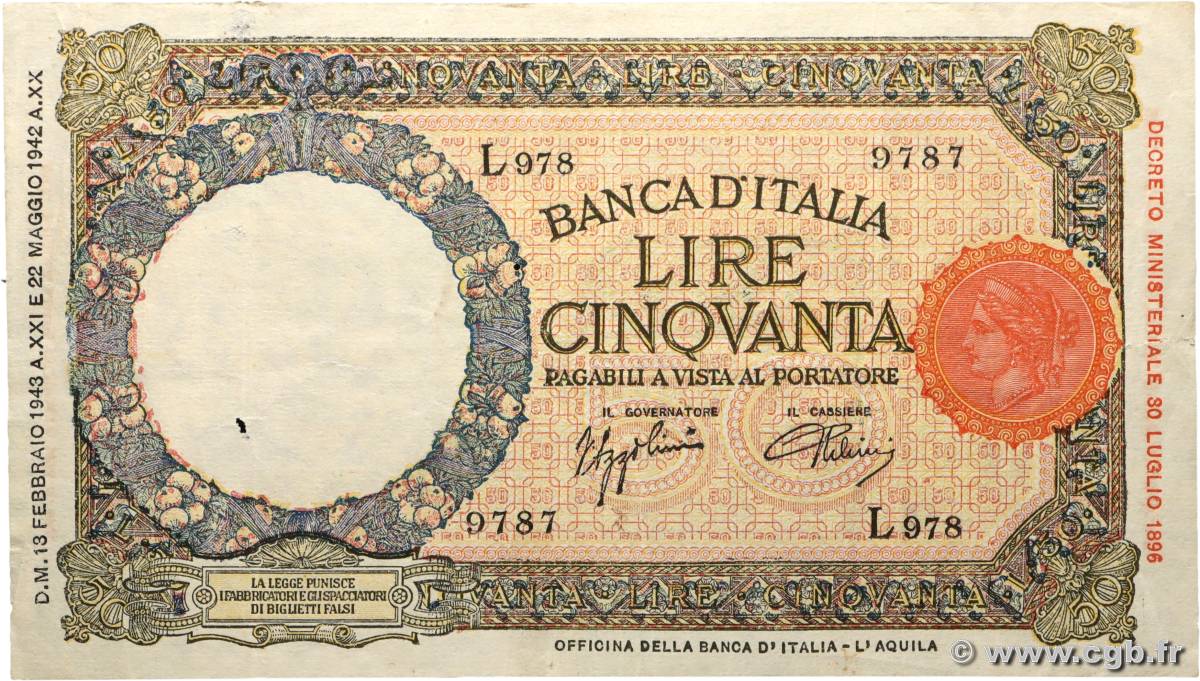 50 Lire ITALIA  1943 P.058 BC+