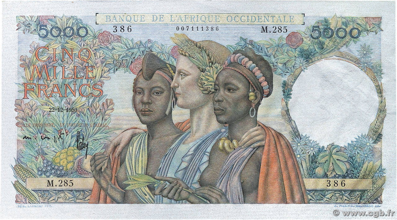 5000 Francs FRENCH WEST AFRICA  1950 P.43 fST+