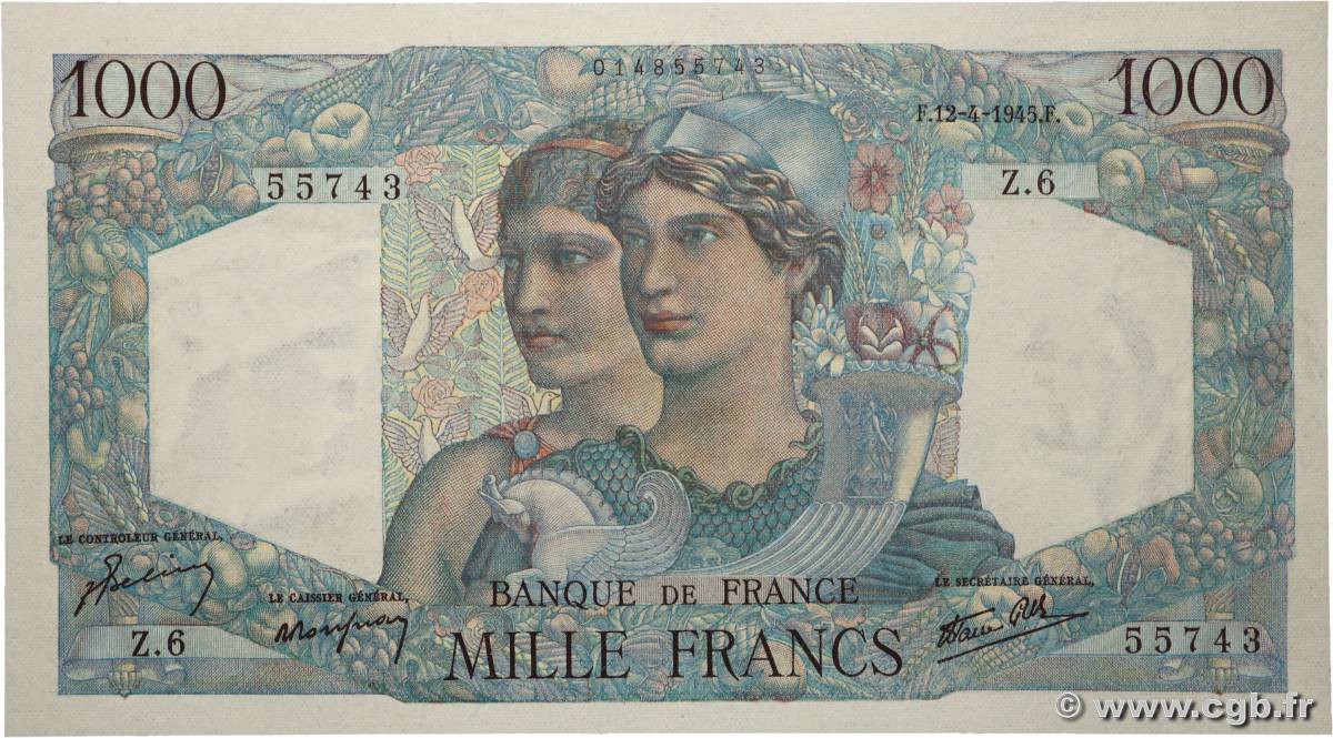1000 Francs MINERVE ET HERCULE FRANCE  1945 F.41.01 pr.NEUF
