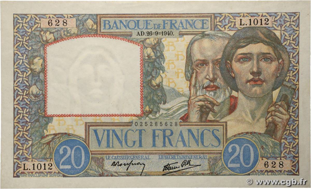20 Francs TRAVAIL ET SCIENCE FRANCE  1940 F.12.07 AU+