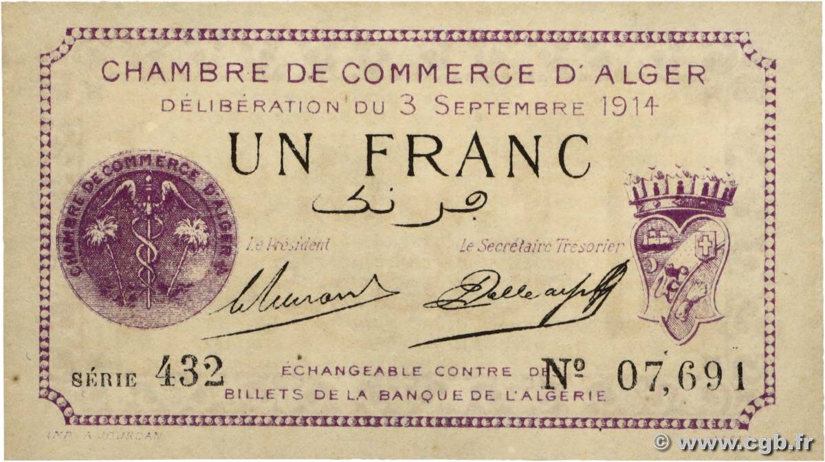 1 Franc ALGÉRIE Alger 1914 JP.137.01 pr.NEUF