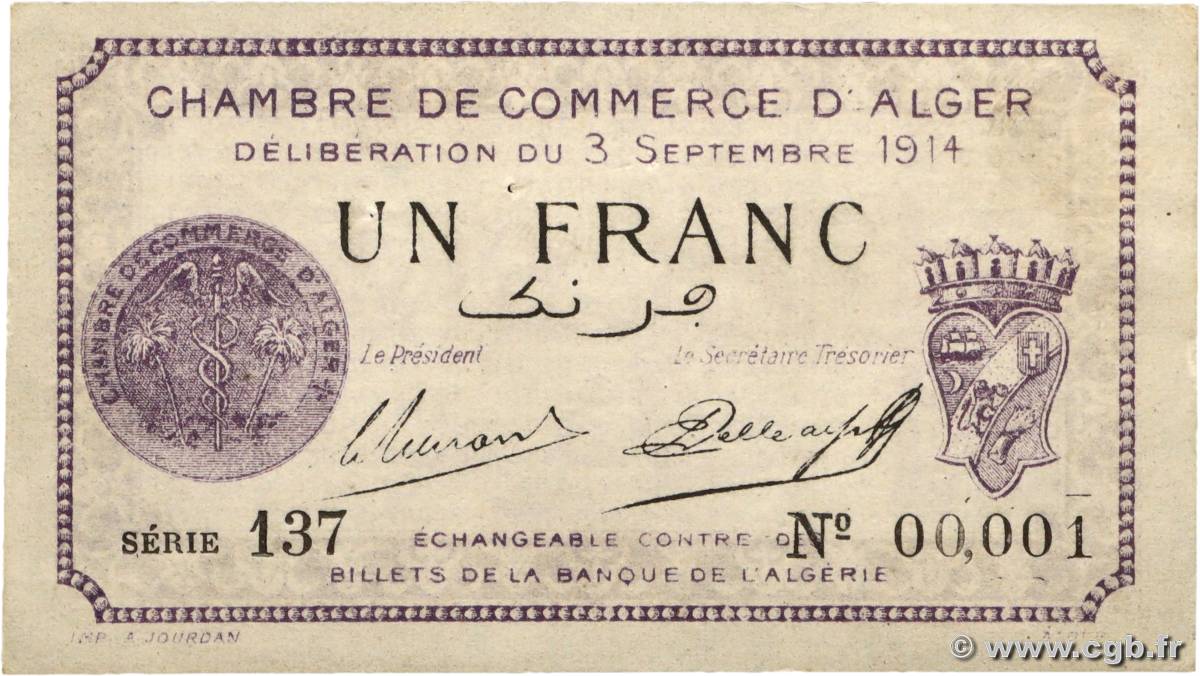 1 Franc Petit numéro ALGÉRIE Alger 1914 JP.137.01 SPL