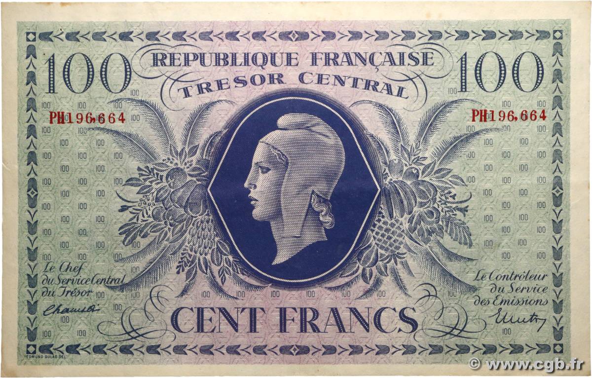 100 Francs MARIANNE FRANCE  1943 VF.06.01b TTB+