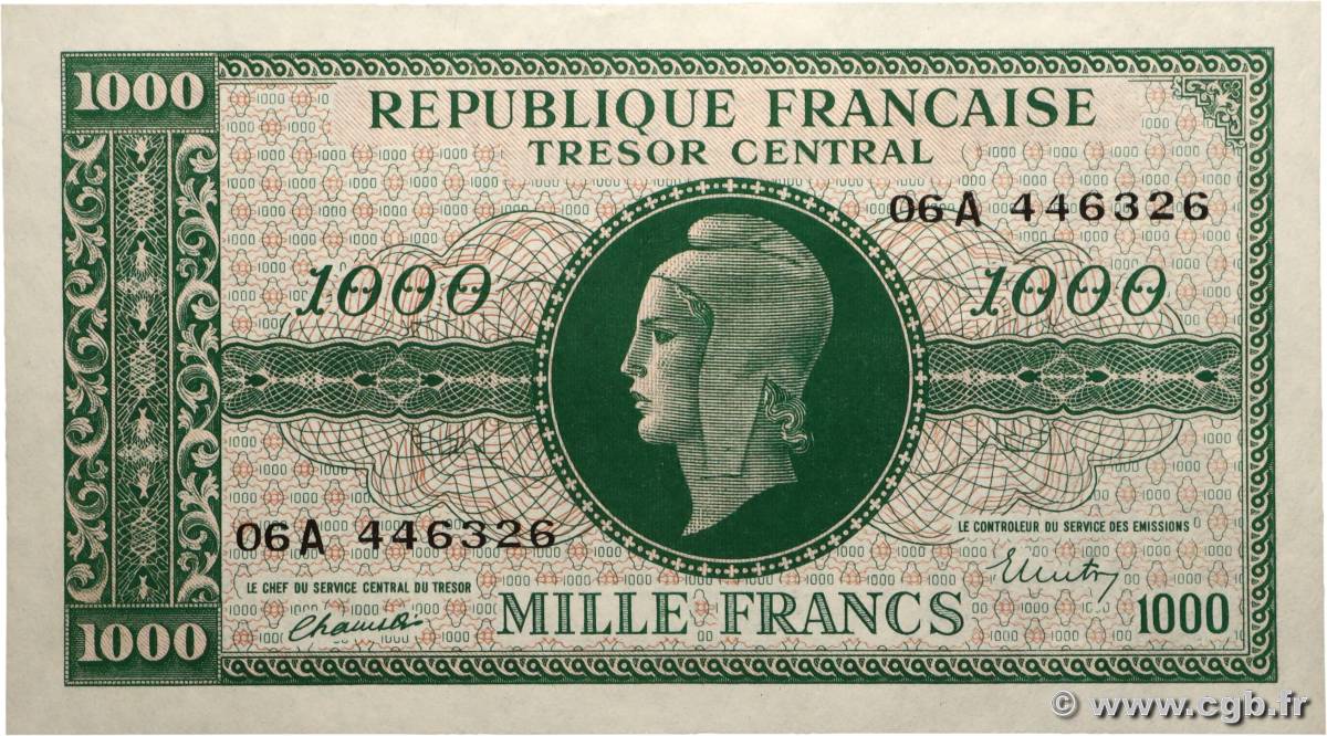1000 Francs MARIANNE BANQUE D&nbsp;ANGLETERRE FRANCIA  1945 VF.12.01 AU
