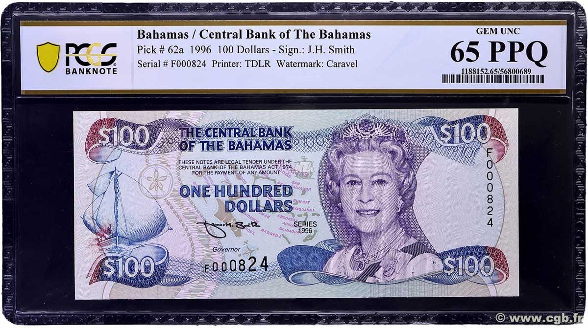 100 Dollars Petit numéro BAHAMAS  1996 P.62a FDC