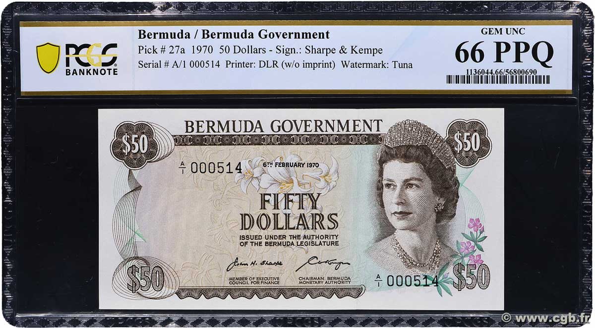 50 Dollars Petit numéro BERMUDA  1970 P.27a FDC