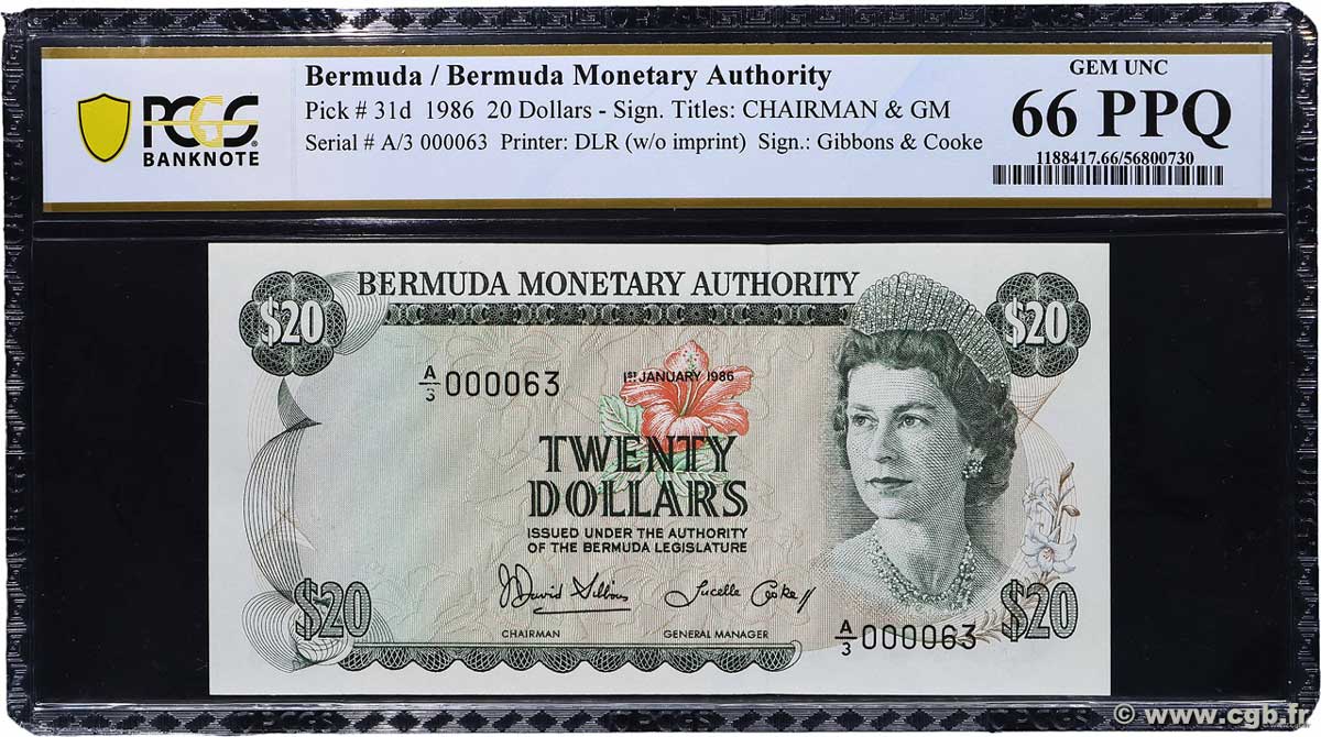 20 Dollars Petit numéro BERMUDA  1986 P.31d FDC