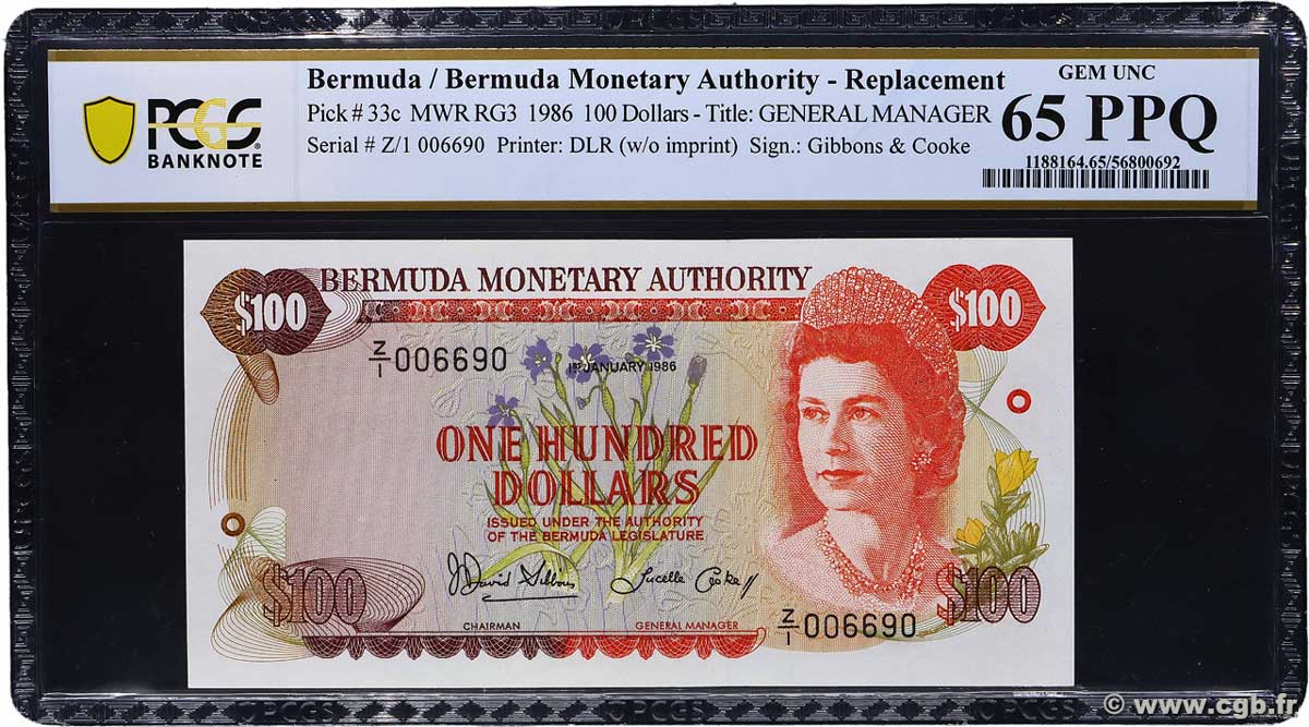100 Dollars Remplacement BERMUDA  1986 P.33cr FDC