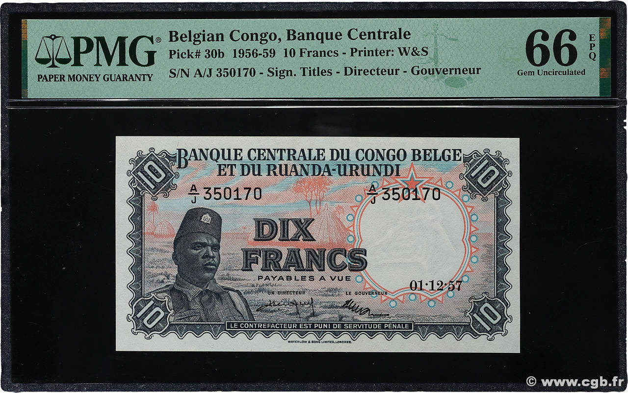 10 Francs CONGO BELGE  1957 P.30b NEUF